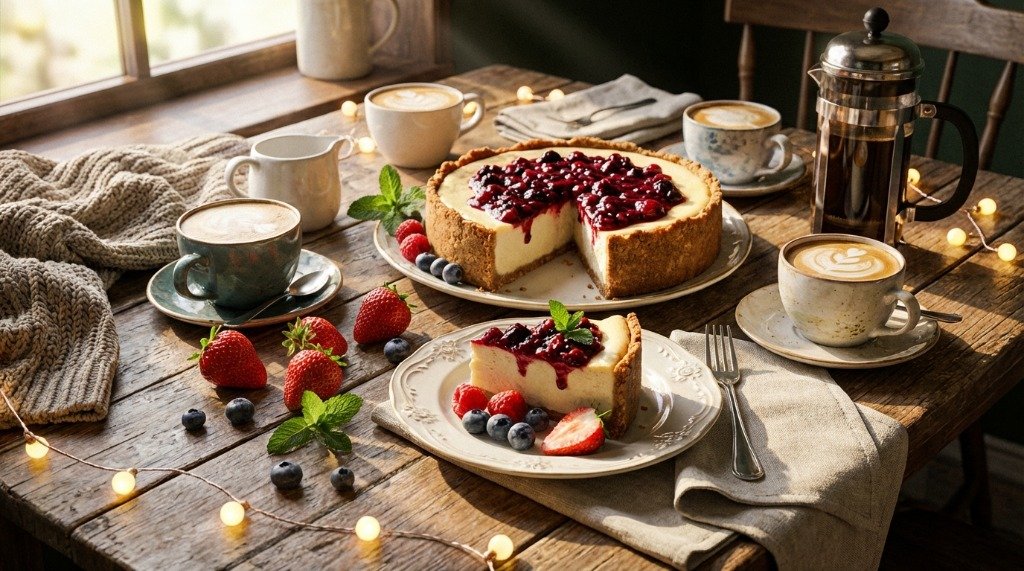 An elegant dessert table with a whole berry topped cheesecake, cups of latte, and fresh strawberries during golden hour