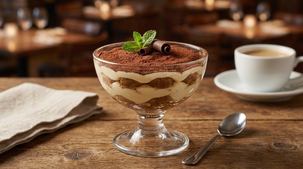 Single serving of tiramisu in a glass dessert bowl topped with cocoa powder and dark chocolate curls in a restaurant setting