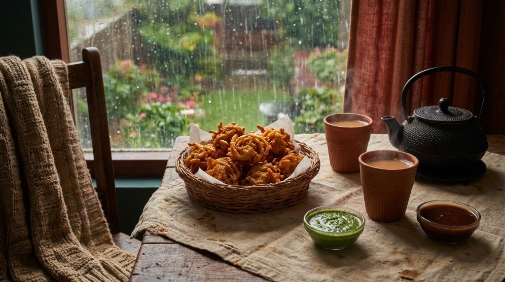 A basket of onion pakoras served with masala chai on a table during a rainy evening