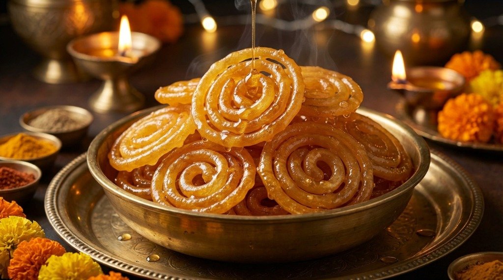 A close up image of a stack of golden jalebis in a brass bowl with warm sugar syrup being poured over them