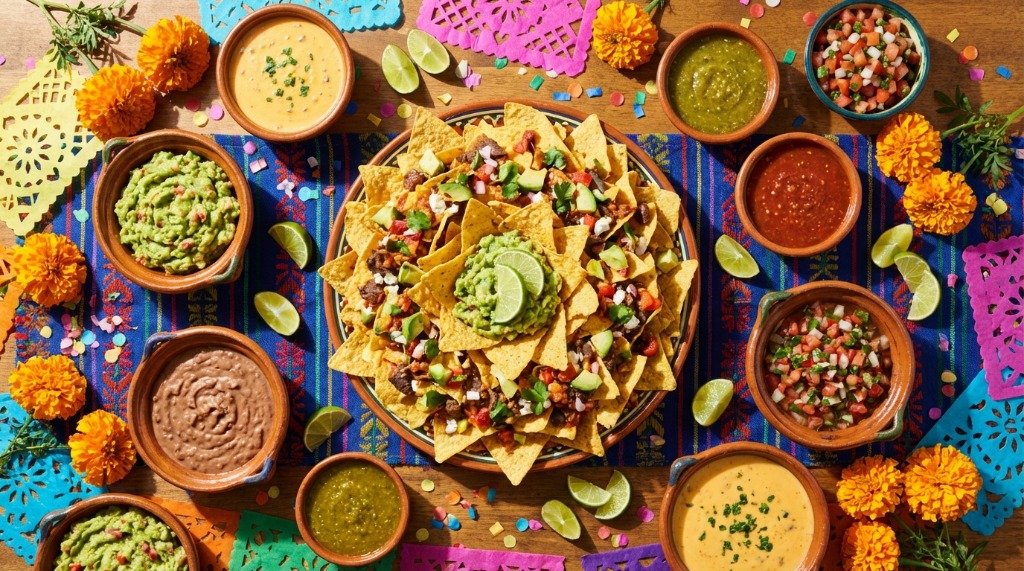 Overhead view of a large festive Mexican nacho feast surrounded by various dips