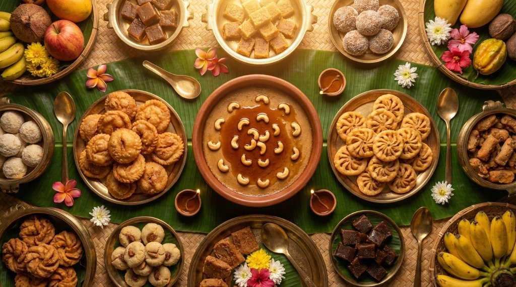 Vibrant Sri Lankan festive spread on a banana leaf with watalappan as the centerpiece surrounded by Kavum, Kokis, and tropical fruits