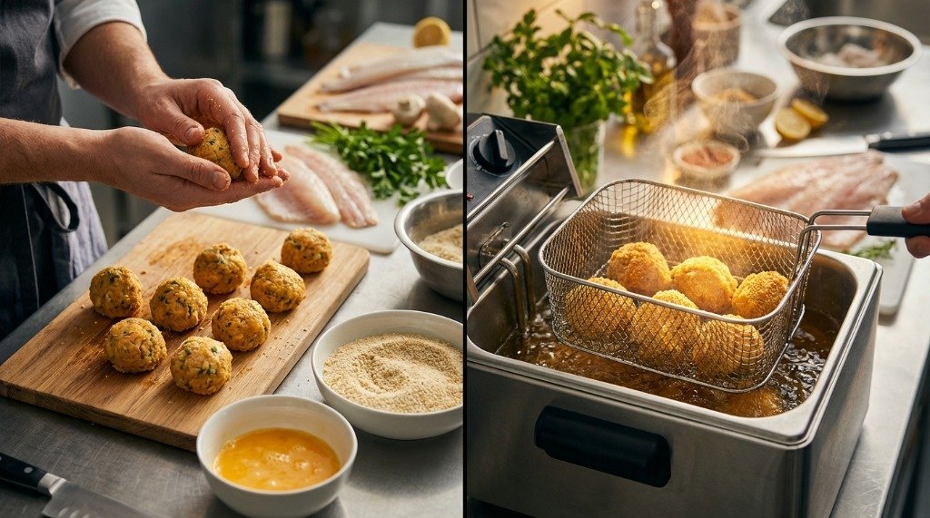 Chef hand-shaping spicy fish cutlets and preparing them for egg-wash and breading