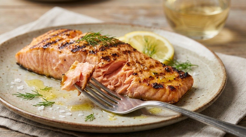 A fork exploring the juicy and flaky texture of a perfectly cooked grilled salmon fillet
