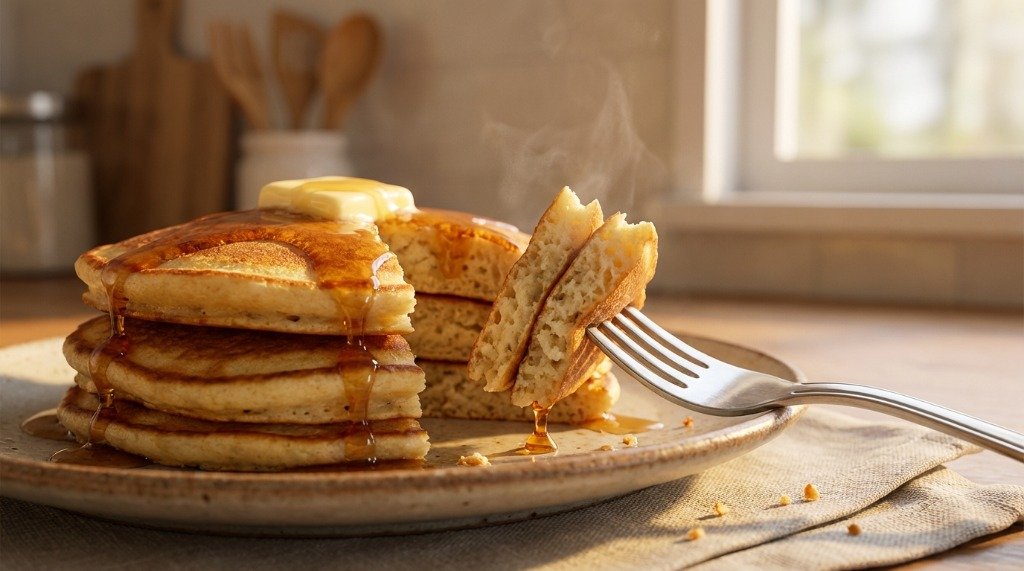 Close-up of fluffy homemade pancakes stack ready for syrup