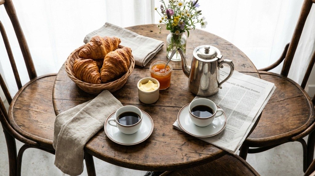 French breakfast croissants and coffee
