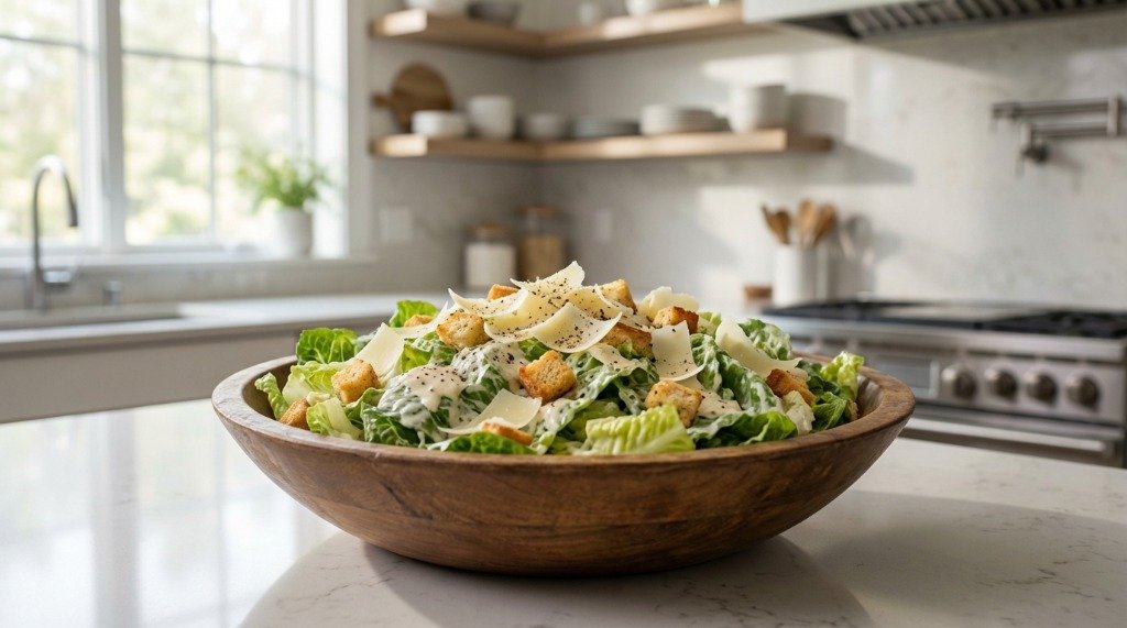 Fresh romaine lettuce for Caesar salad in a traditional wooden bowl