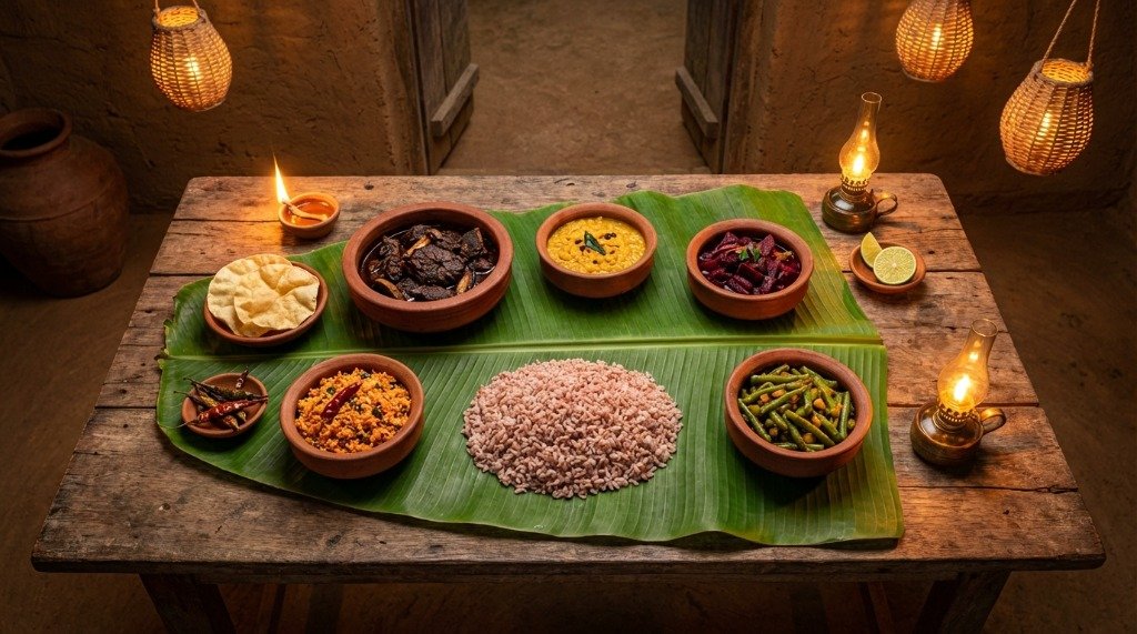 Rich Sri Lankan rice and curry feast on a banana leaf featuring Fish Ambul Thiyal