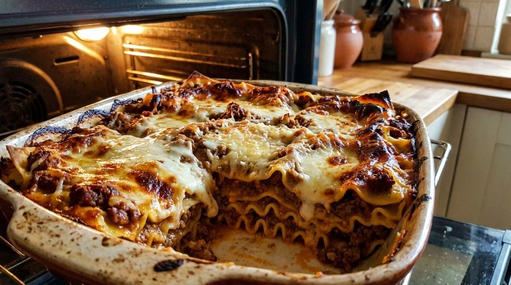 Golden and bubbly beef lasagna fresh in the baking dish from the oven