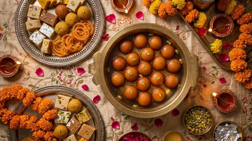 Stunning overhead view of a festive Indian dessert spread with gulab jamun, marigolds, and traditional lamps