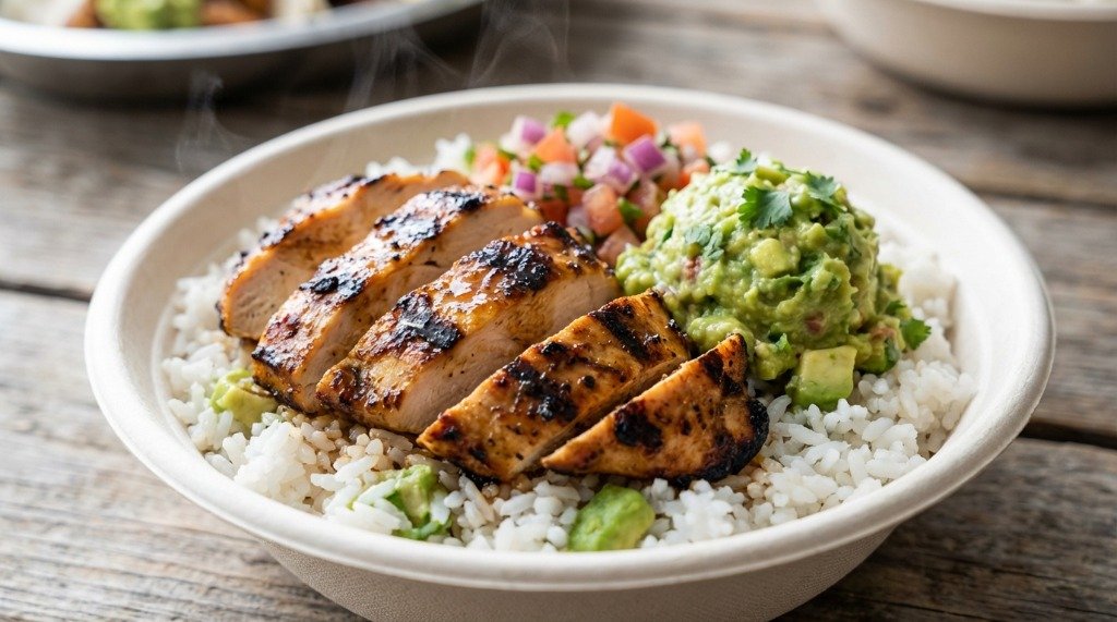 Vibrant chicken burrito bowl with charred chicken and fresh veggies