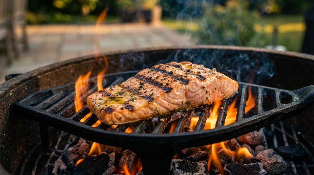 A salmon fillet being grilled over an open charcoal flame with intense heat