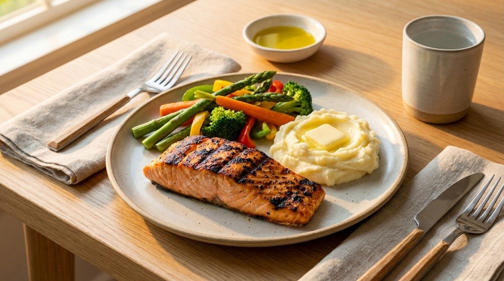 A healthy dinner plate with grilled salmon, creamy mashed potatoes, and steamed vegetables