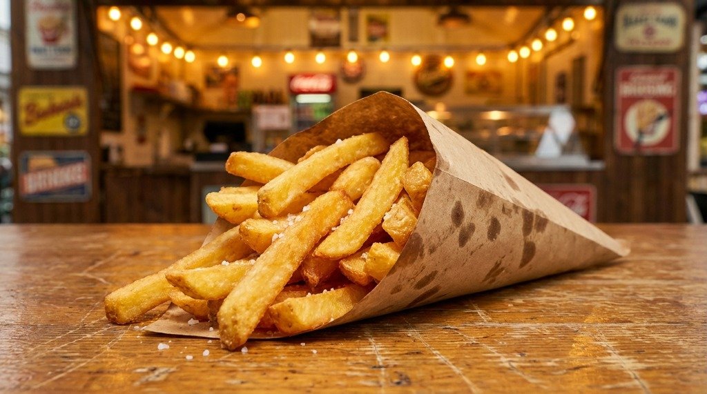 Homemade Belgian style french fries served in a traditional brown paper cone on a wooden counter
