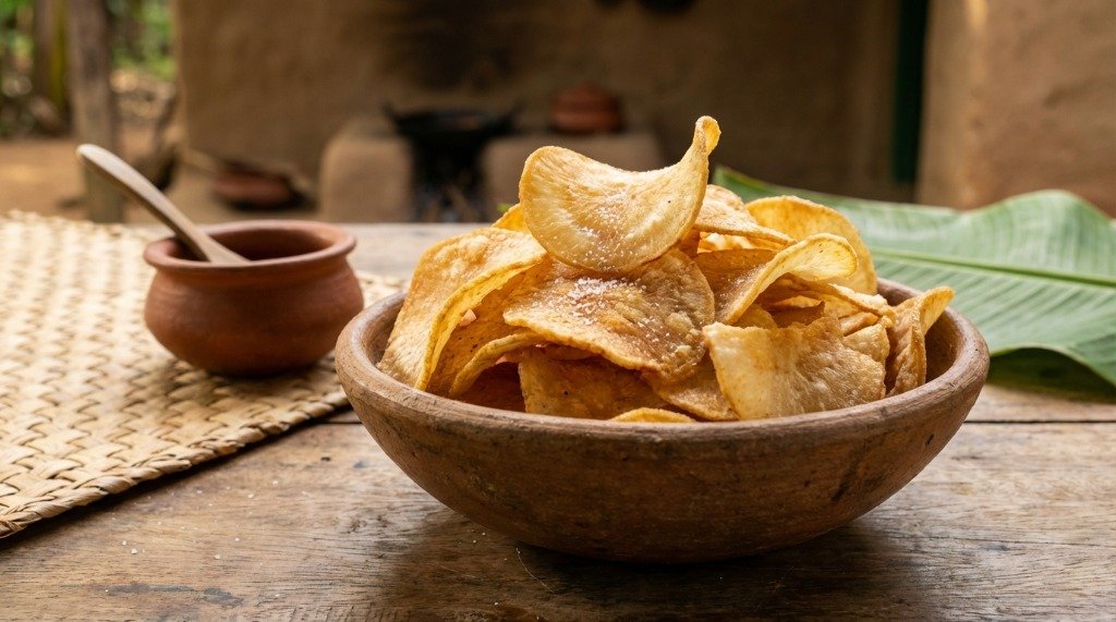 A close up shot of golden and crispy salted manioc chips served in a wooden bowl