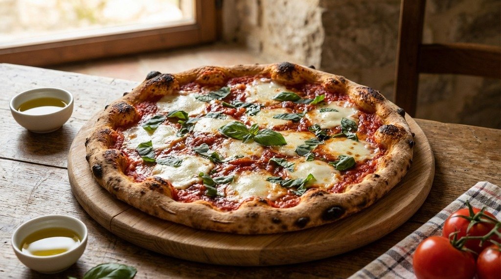Homemade Margherita pizza with fresh basil and tomatoes