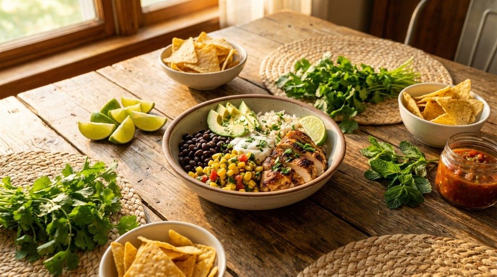 Chicken burrito bowl served on a wooden table with salsa and chips