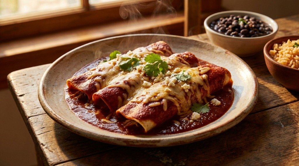 Rolled tortillas covered in rich red enchilada sauce and topped with melted cheese