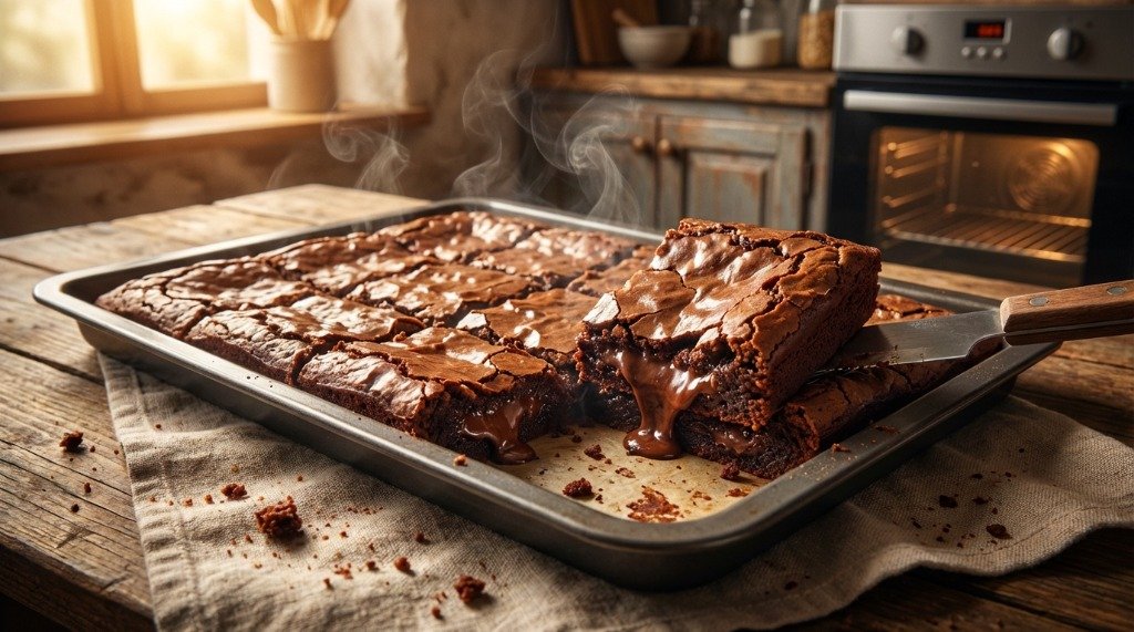 A freshly baked tray of chocolate brownies being sliced into squares while still steaming, showing a moist and gooey interior