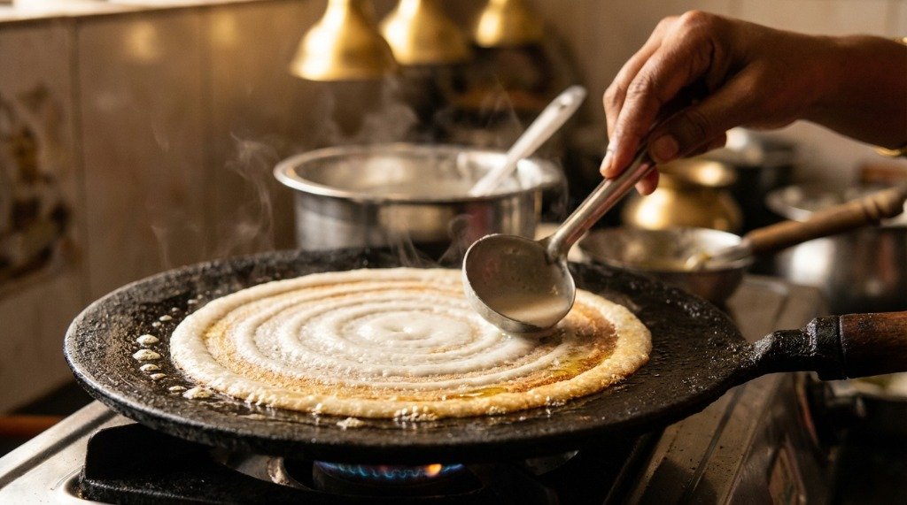 Spreading dosa batter on a tawa