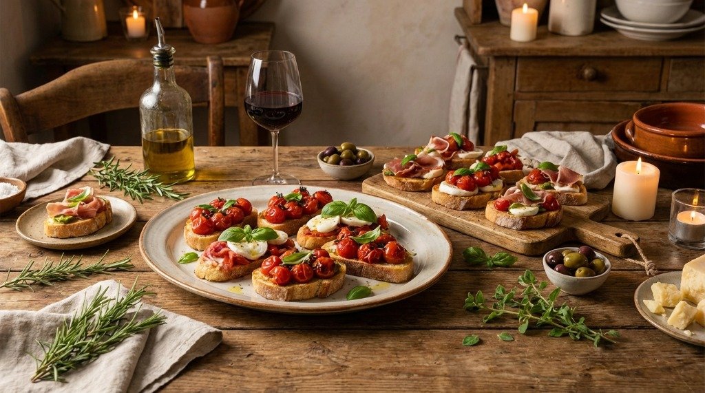 A rustic Italian table spread with bruschetta platters, red wine, and olives in soft candlelight