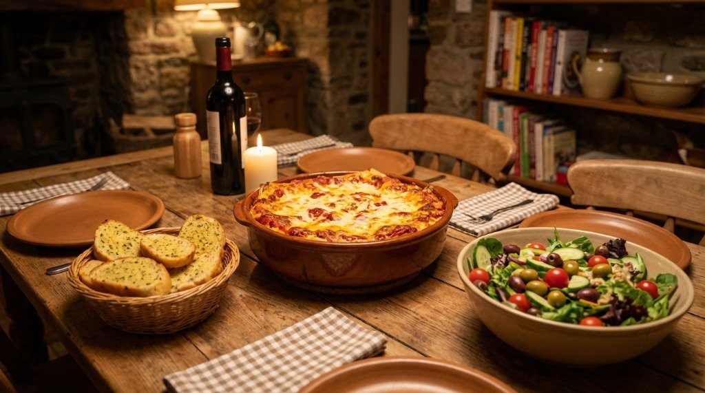 A traditional Italian lasagna dinner table setting with red wine and garlic bread
