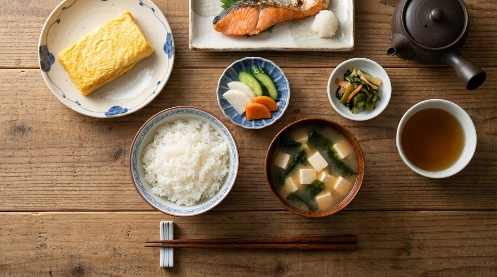 Japanese breakfast Teishoku set with eggs