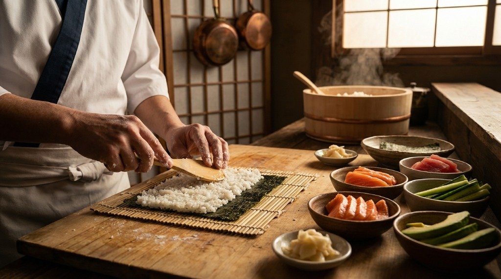 Chef spreading sushi rice over nori on a bamboo mat