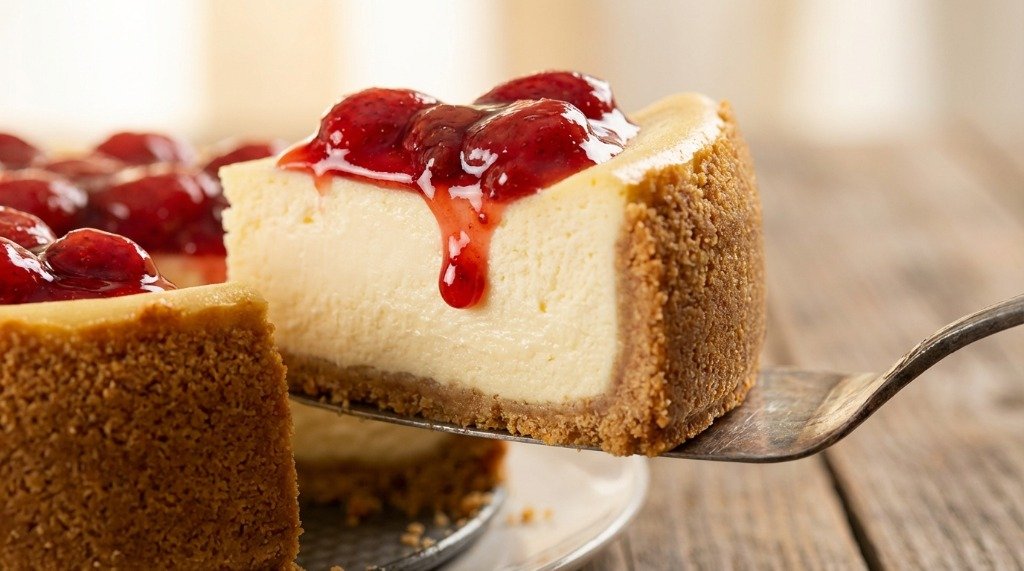 Lifting a generous slice of New York style cheesecake with a metal spatula showing the dripping strawberry glaze and thick biscuit crust