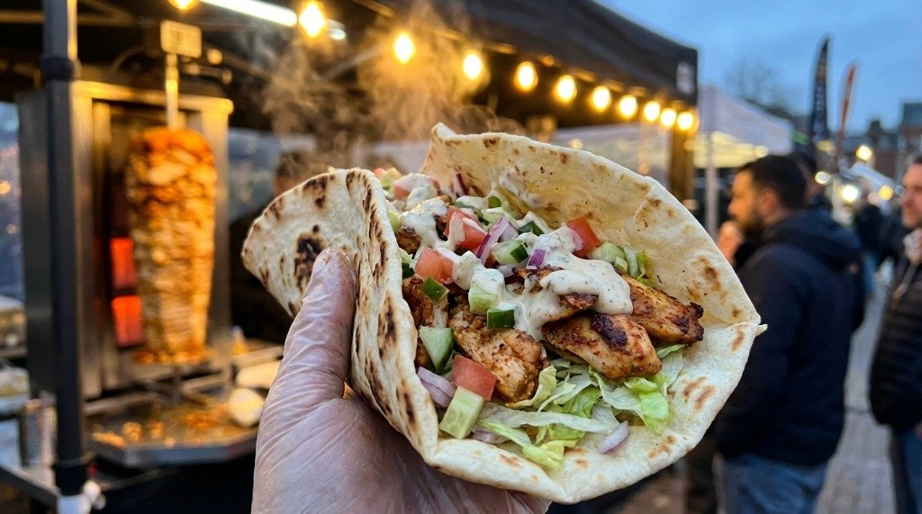Loaded chicken shawarma pita with fresh vegetables and creamy garlic sauce