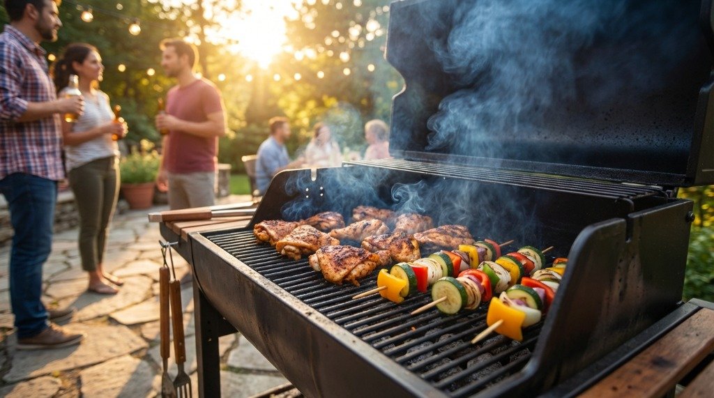 Outdoor BBQ grill with chicken and vegetable skewers over an open flame