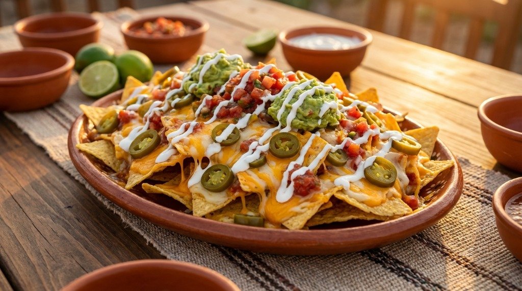 A colorful plate of nachos topped with fresh guacamole and salsa on an outdoor wooden table