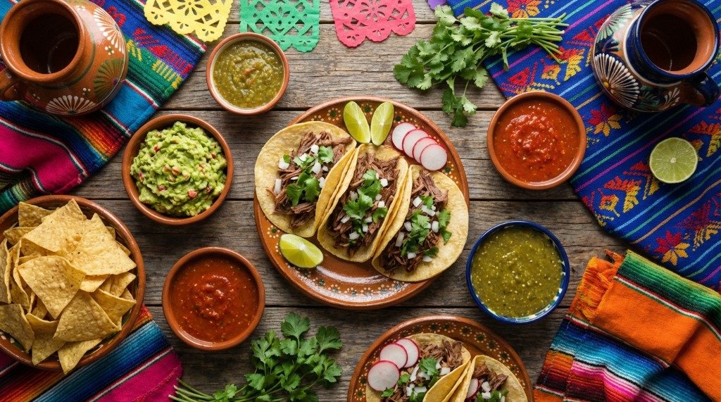 Overhead view of a Mexican taco feast with guacamole, salsa, and chips