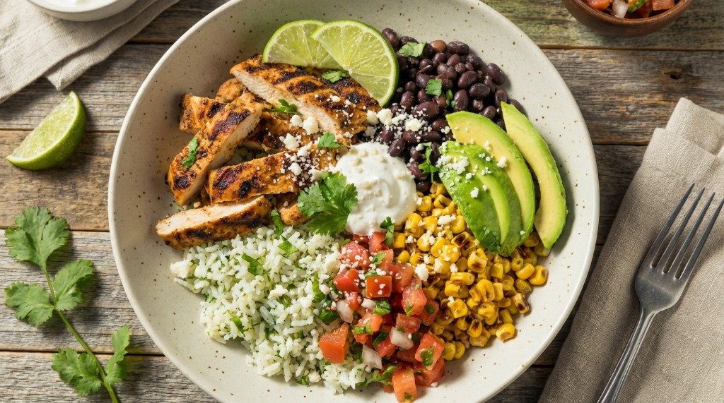 Overhead shot of a vibrant Chicken Burrito Bowl with lime and cilantro