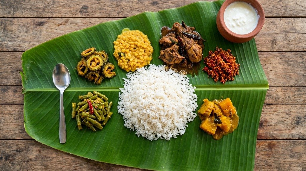 Overhead shot of Sri Lankan rice and curry served on a traditional banana leaf