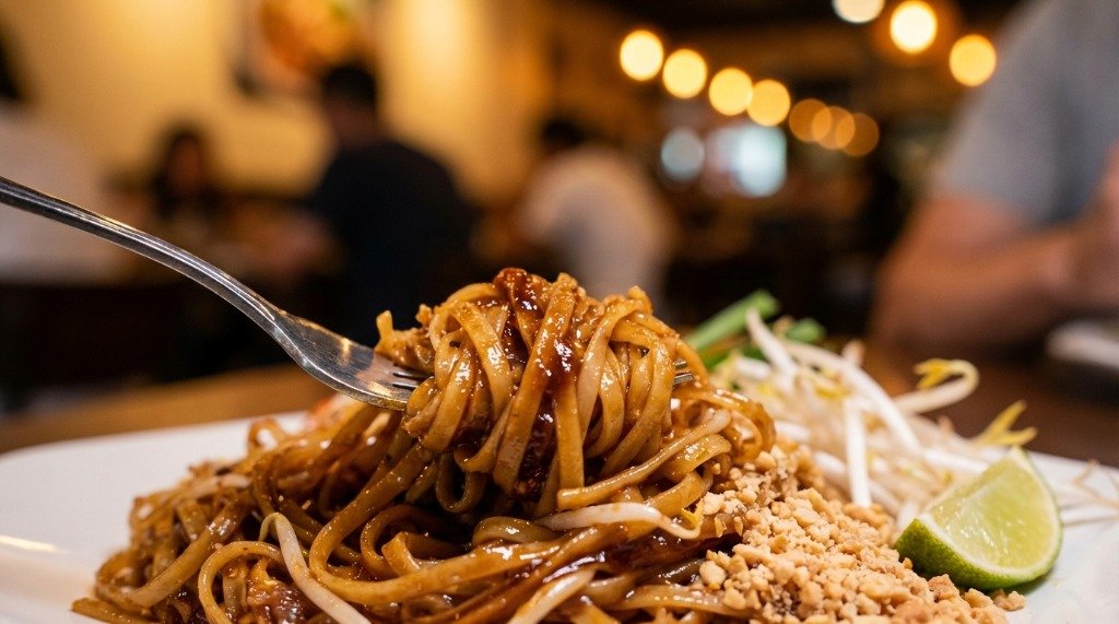 Macro shot of Pad Thai noodles with savory sauce on a fork