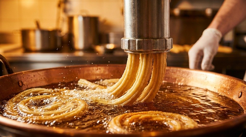 A professional churro press piping long ridges dough strips into a large copper pan of hot bubbling oil