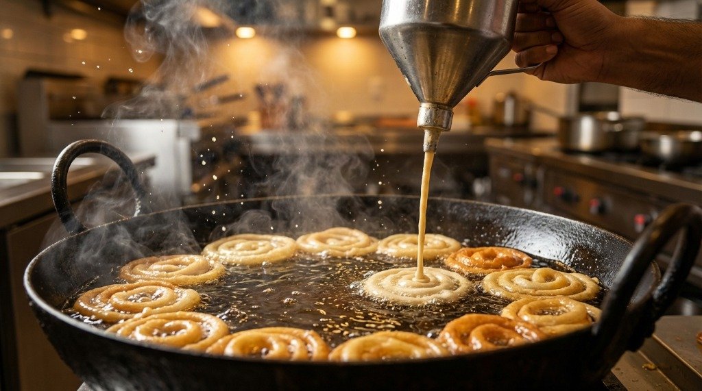 A professional chef piping fermented batter into spiral jalebi shapes in a large hot oil kadai in a commercial kitchen