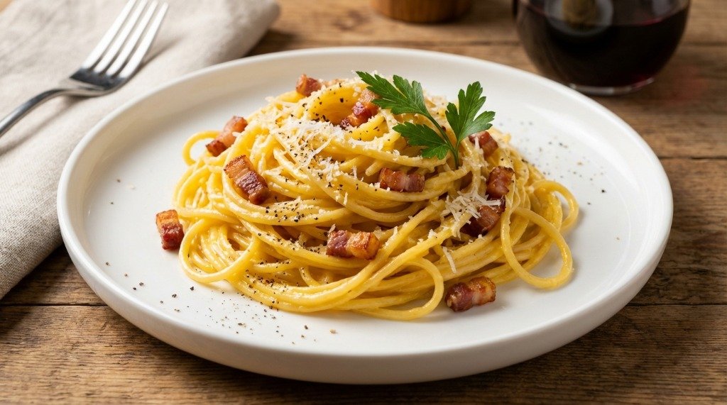Authentic spaghetti carbonara plated beautifully with a garnish of parsley