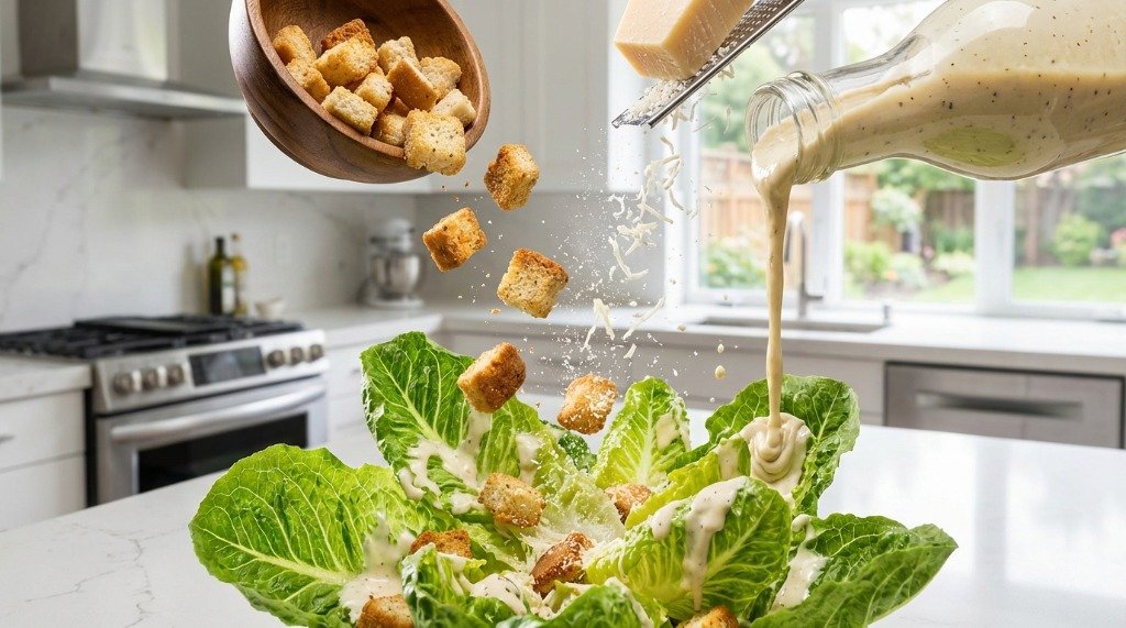 Action shot of Caesar dressing being poured over fresh croutons and parmesan cheese