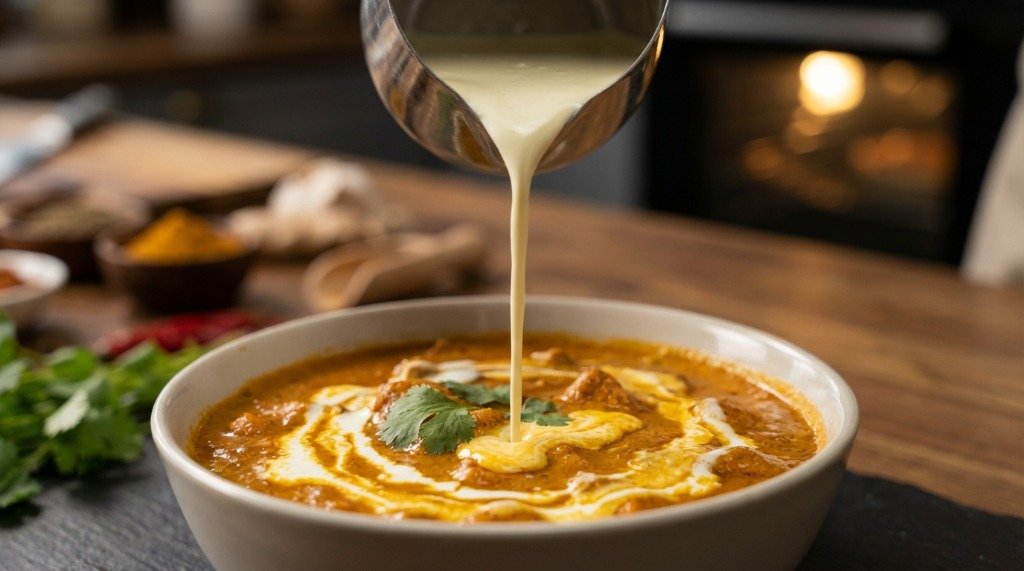 Pouring fresh heavy cream into a simmering pot of butter chicken curry