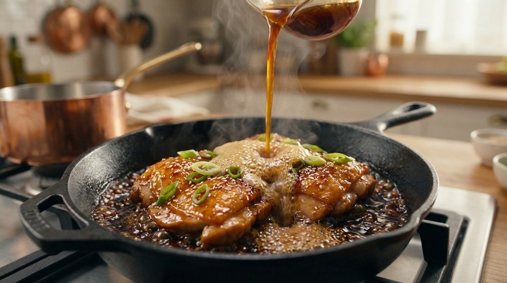 Rich homemade teriyaki sauce being poured over golden seared chicken in a cast iron skillet