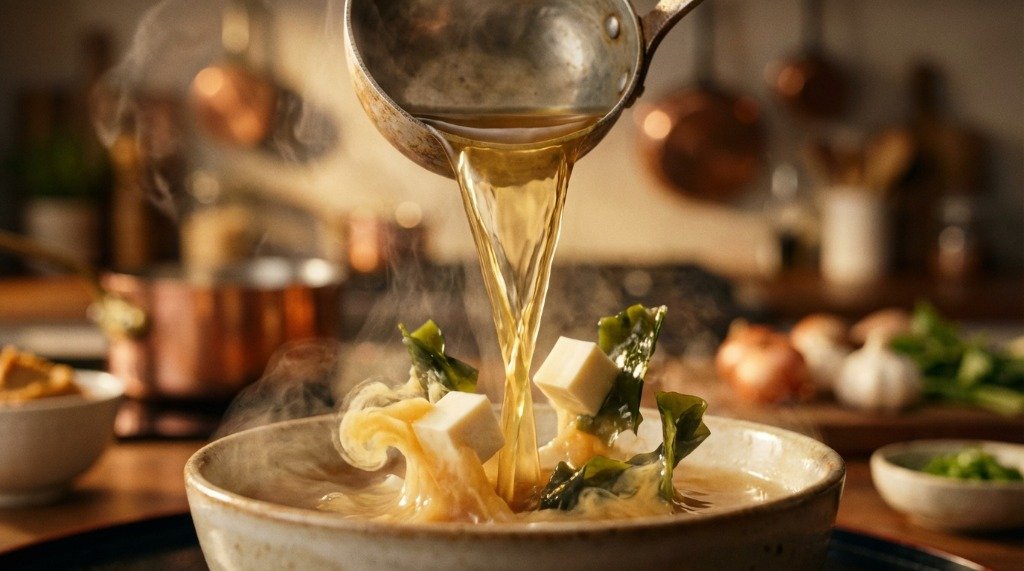 Pouring hot dashi broth for miso soup