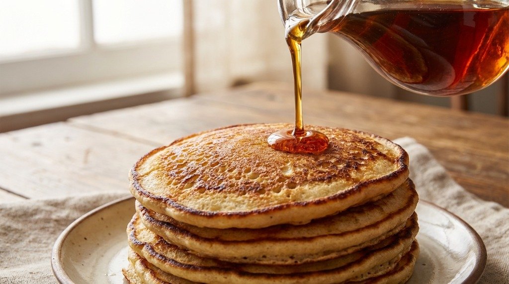 Rich maple syrup being poured over a stack of golden brown pancakes