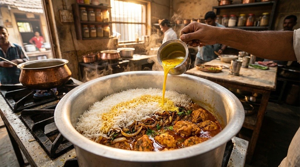 Pouring saffron milk into biryani during preparation