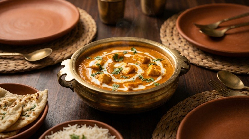 Top-down view of rich orange paneer gravy with cream swirl and coriander garnish
