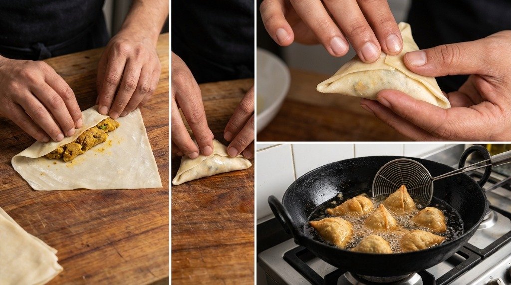 Chef folding a samosa dough cone and sealing it with water