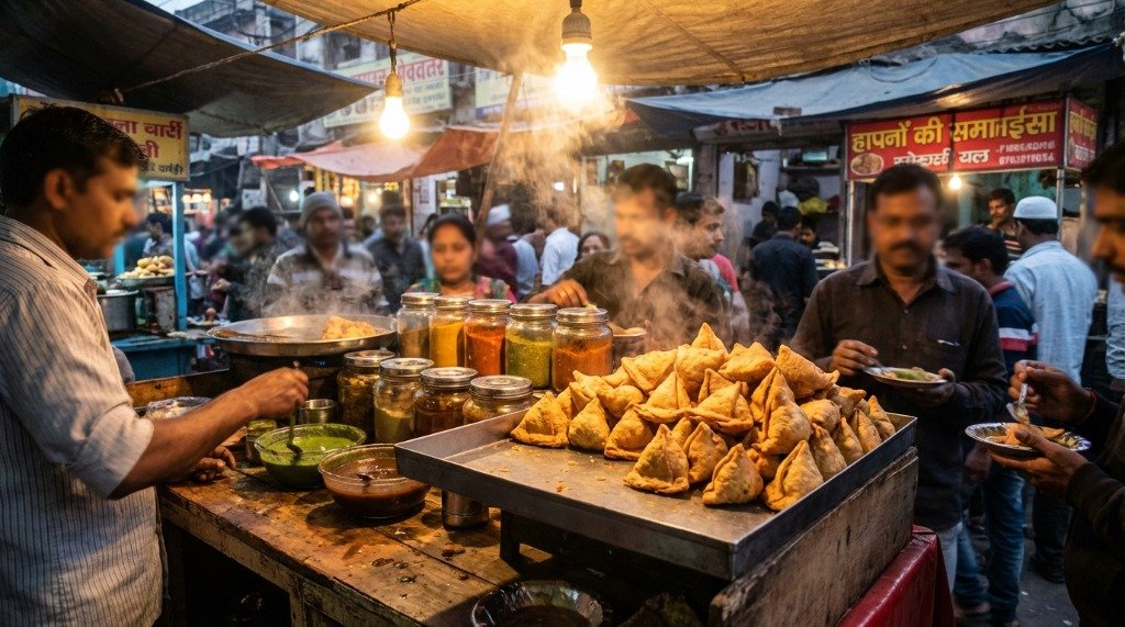 Indian street food vendor deep frying fresh samosas in a large iron wok