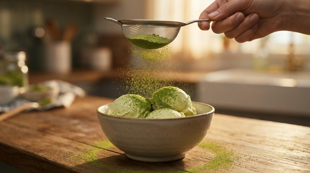 A hand sifting fine green matcha powder over several scoops of matcha ice cream in a bowl