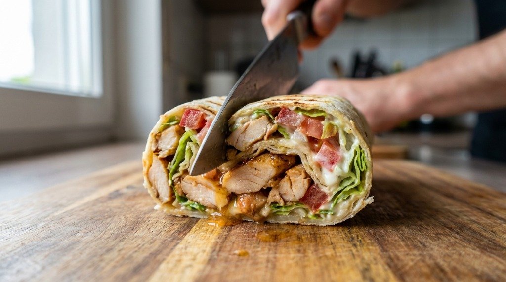 Two halves of a delicious chicken shawarma wrap on a wooden board